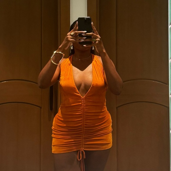 Labelrail x Eva Apio drawstring plunge front mini dress in Orange - Picture 2 of 2